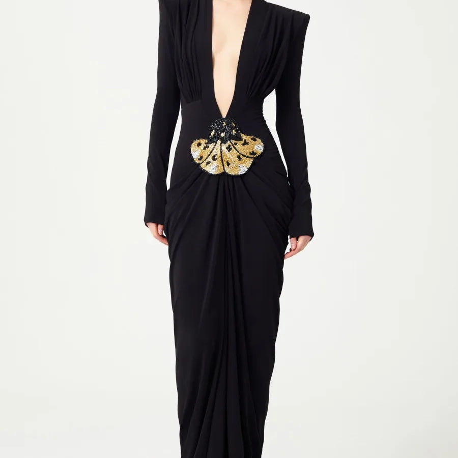 2025 New Spring Women Long Sleeve Deep V-Neck Bodycon Long Dress Elegant Evening Party Celebrate Cocktail Outfit Vestido