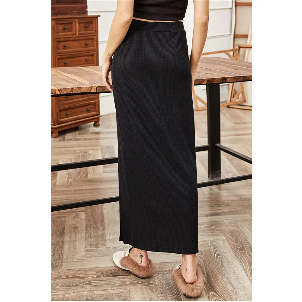 New Women Long Skirt Fashion Ladies Black High Waist Side Slit Maxi Skirts Bodycon Pencil Straight Stretch Club Party Wear