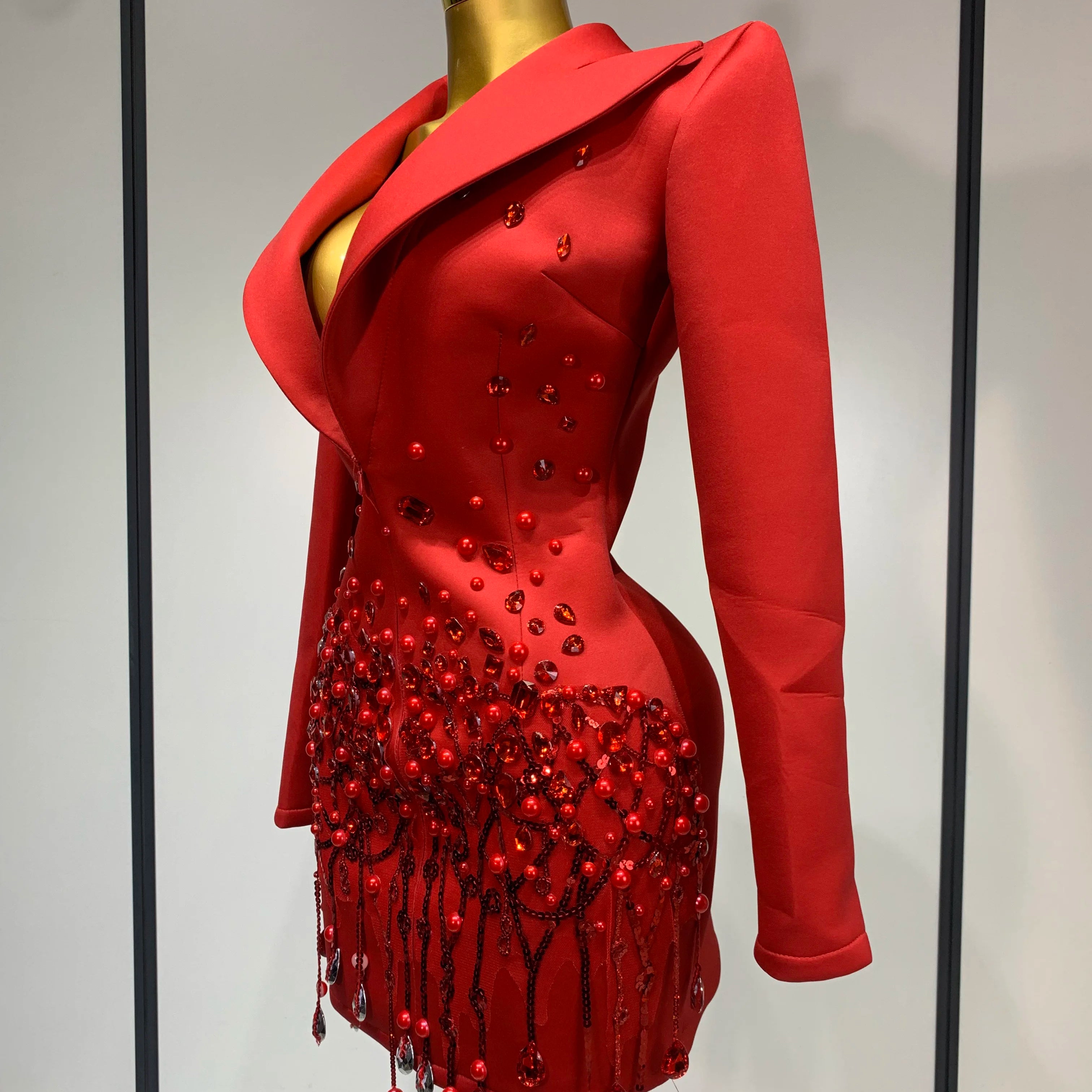 Luxury Rhinestone Deep V-Neck Slim Fit Red Suit Dress 2025 New Fashion Celebirty Elegant Evening Club Party Dresses