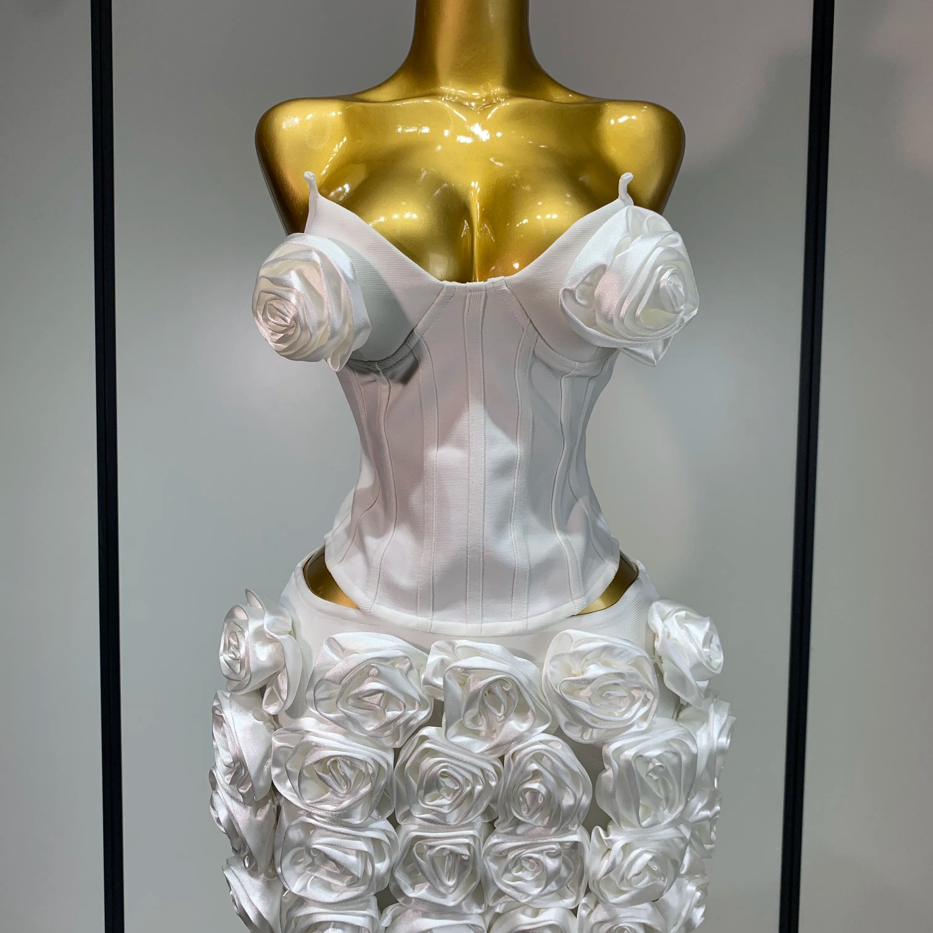 Women Sexy Backless Sleeveless 3D Flower Strapless Two Piece Set 2025 Celebirty Elegant Evening Club Party Luxury Birthday Gown WHITE