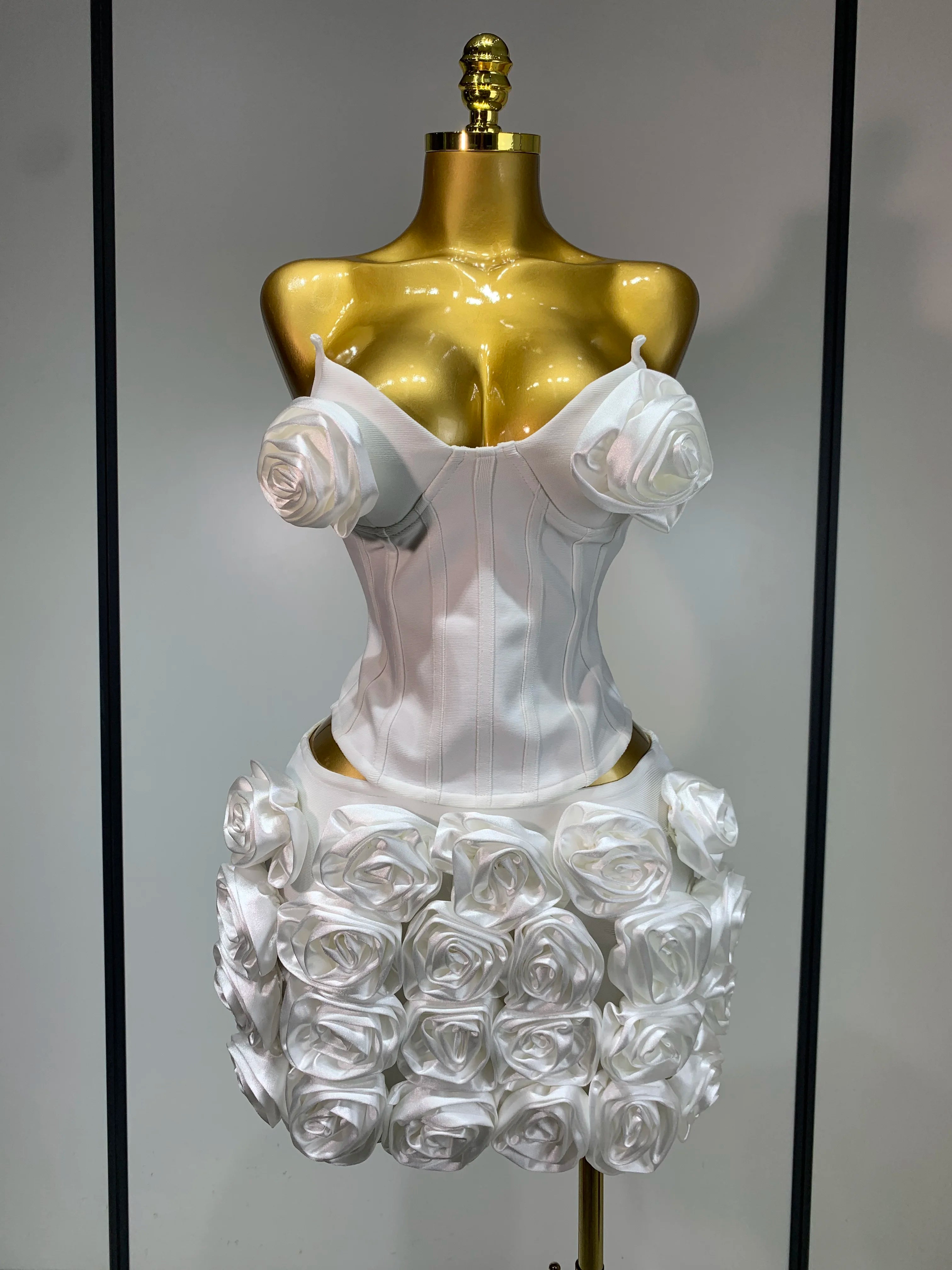 Women Sexy Backless Sleeveless 3D Flower Strapless Two Piece Set 2025 Celebirty Elegant Evening Club Party Luxury Birthday Gown WHITE