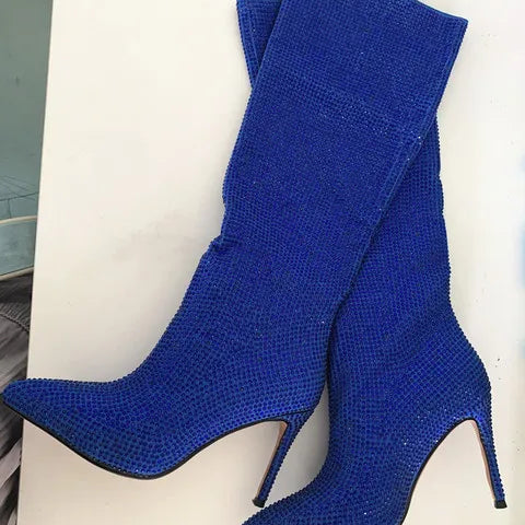 Rhinestone Women's High Boots Pointed Toe Slip-on Long Boots Women Boots High Heels Sexy Stiletto Ladies Party Shoes 2024 New dark blue