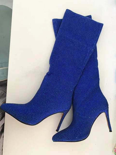 Rhinestone Women's High Boots Pointed Toe Slip-on Long Boots Women Boots High Heels Sexy Stiletto Ladies Party Shoes 2024 New dark blue