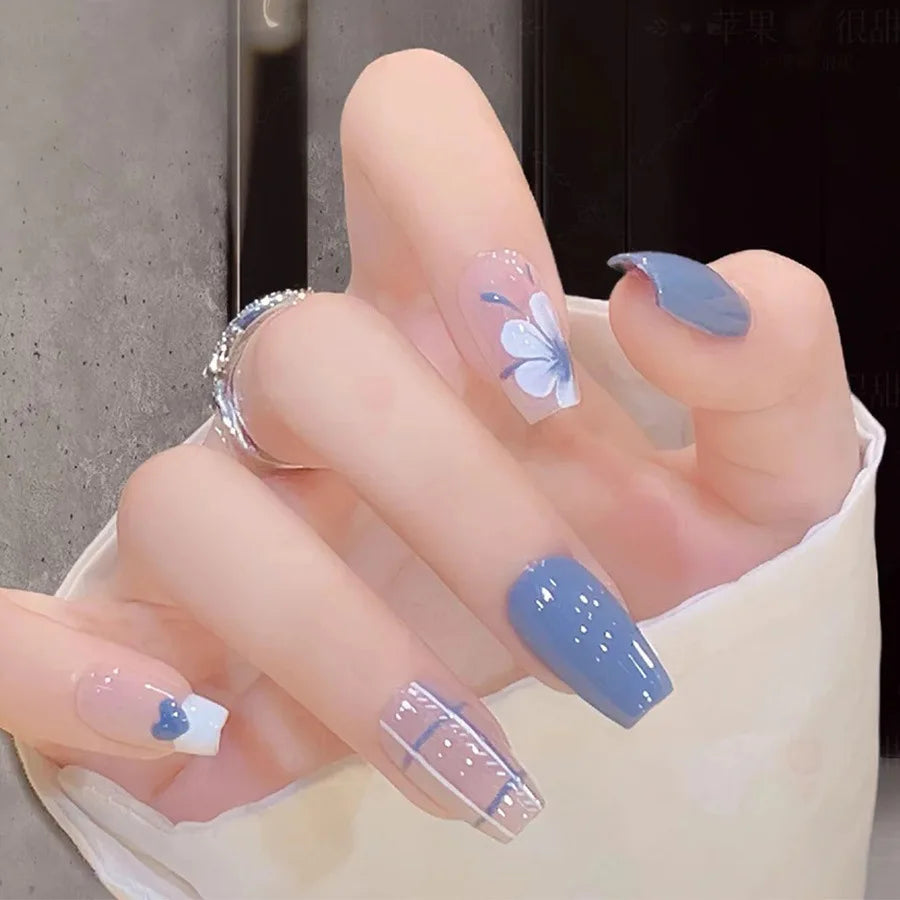 24pcs/set Medium long fake nails Gradient blue ocean fish sun flowers butterfly square ballet summer tips press on false nail 2390