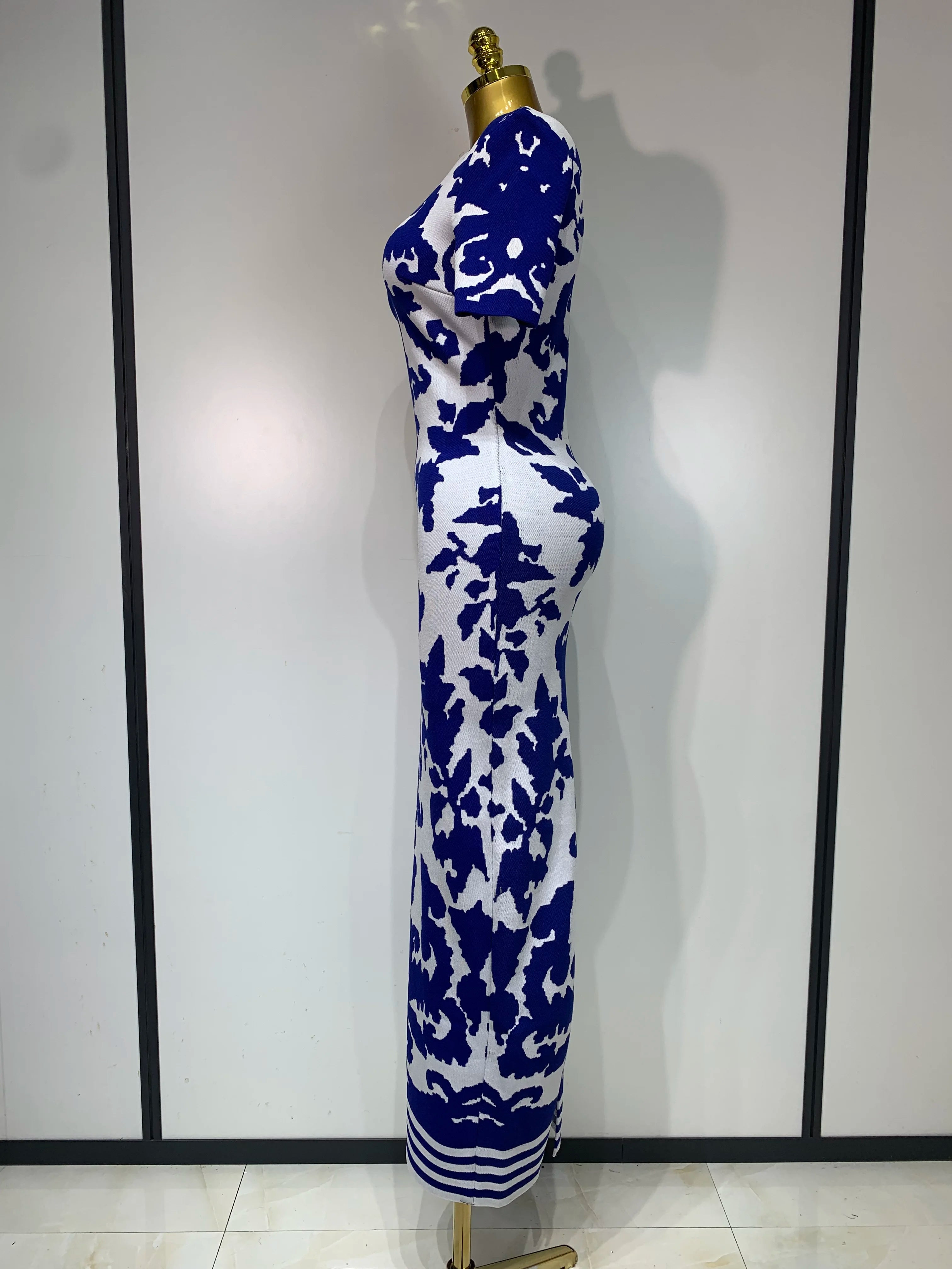 Women Sexy Short Sleeve Jacquard Blue Maxi Long Bodycon Bandage Dress 2025 Celebrity Elegant Evening Club Party Luxury Dresses