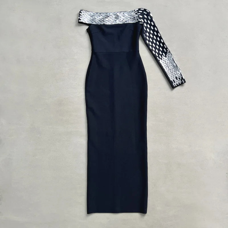 Top Quality Women Sexy One Shoulder Sparkly Crystal Bodycon Long Bandage Dress Evening Party Red Carpet Fashion Outfit Vestido