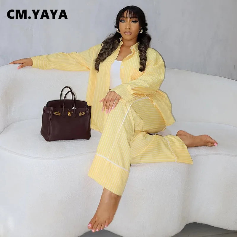 Fashion Striped Women's Set Long Sleeve Blouse Shirt Top and Wide Leg Pants 2025 Chic Two 2 Piece Sets Outfits Tracksuit