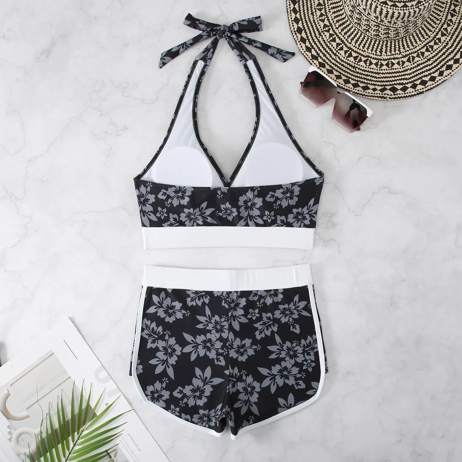 Flower Print 2 Piece Swimsuit Women,sexy High Waist V-neck Tankini Bikini, Suspender Halter Swimwear,summer Beach Vacation