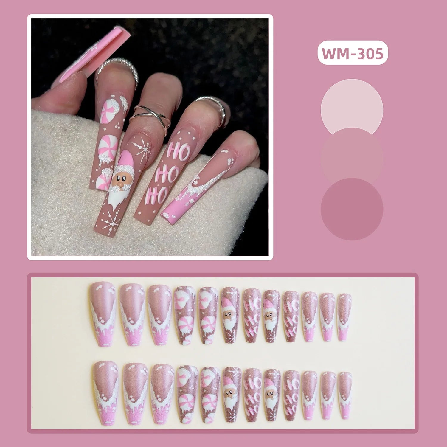 24pcs Pink Santa Claus False Nails Merry Christmas Snowflake Press on Nails Wearable European Long French Ballet Fake Nail Tips 1