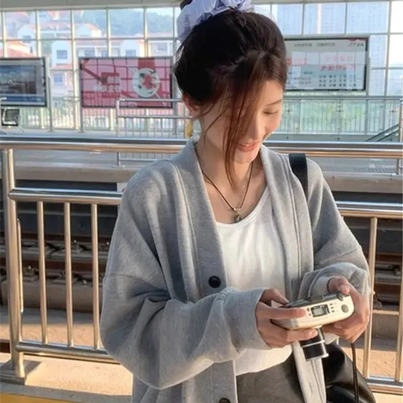 New Explosive JK Coat Top College Style Grey V-neck Cardigan Hoodie Women's Autumn/Winter Plush Korean Series Women