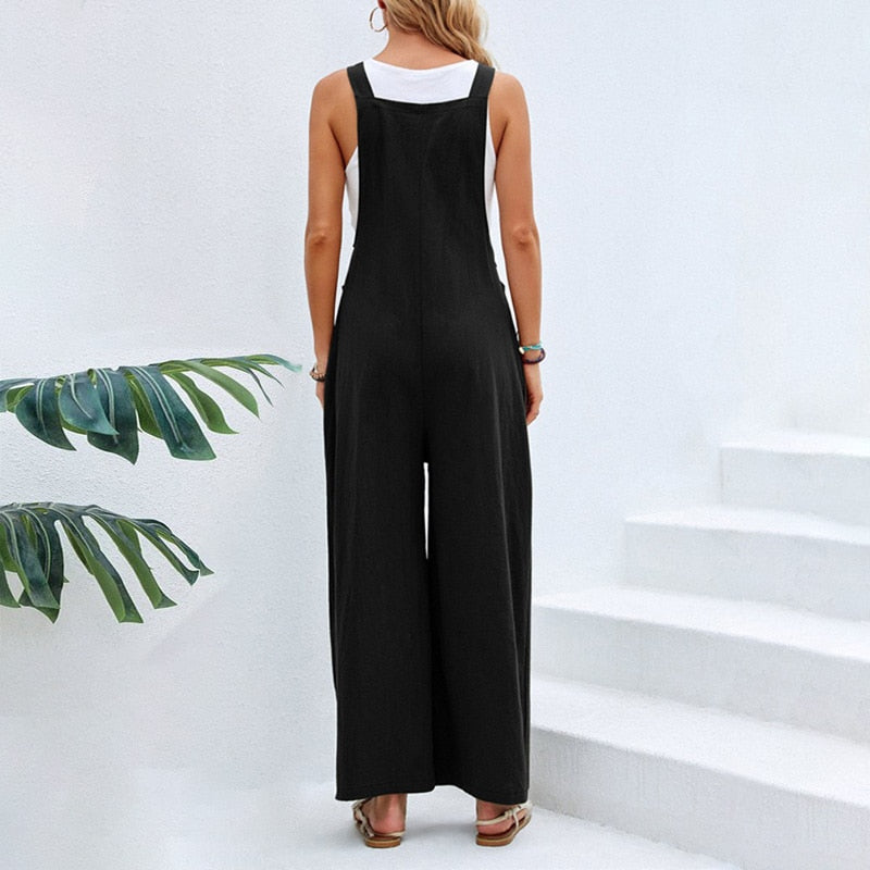 Vintage Cotton Linen Jumpsuit Women 2024 Casual Solid Button Wide Leg Suspender Pants with Pockets Summer Loose Overalls Rompers