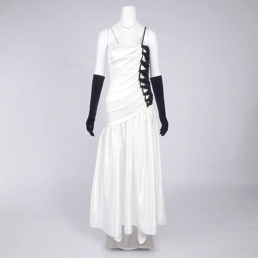 Hit Color Sheer Spliced Ruffles Elegant Dresses for Women Strapless Sleeveless Patchwork Folds Dress Female Fashion WHITE