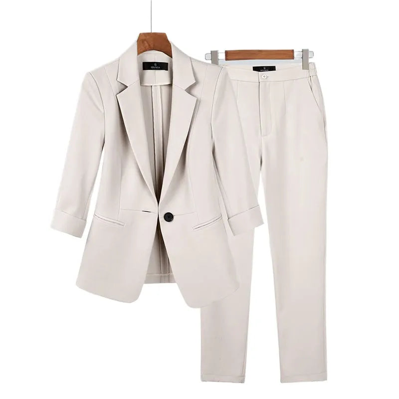 Spring Summer New Elegant Suit Jacket Matching Set Women's Korean Chic Blazers Coat Pants 2 Piece Female Professional Suit