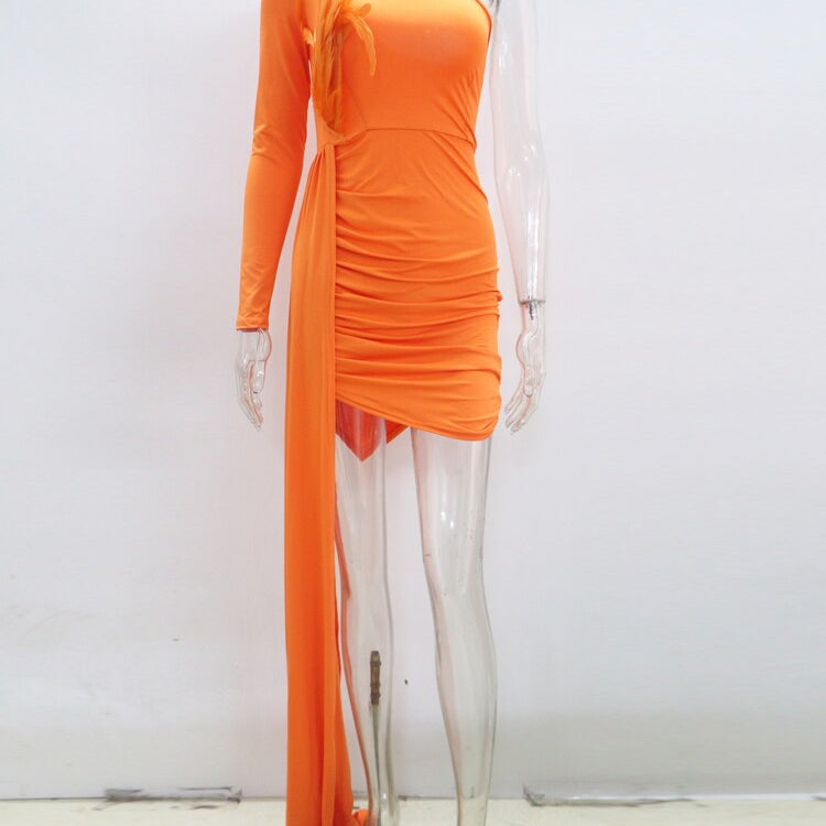 Sexy Solid Feather Details Skinny Mini Dress Spring Women Halter One Shoulder Irregular Bodycon Clubwear Cloak Dress Orange