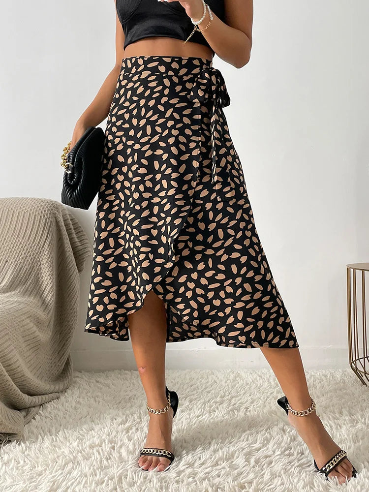 Benuynffy Boho Women Casual Print Tie Side Wrap Skirt Elegant High Waist Female Summer Asymmetrical Knee Length A-Line Skirts