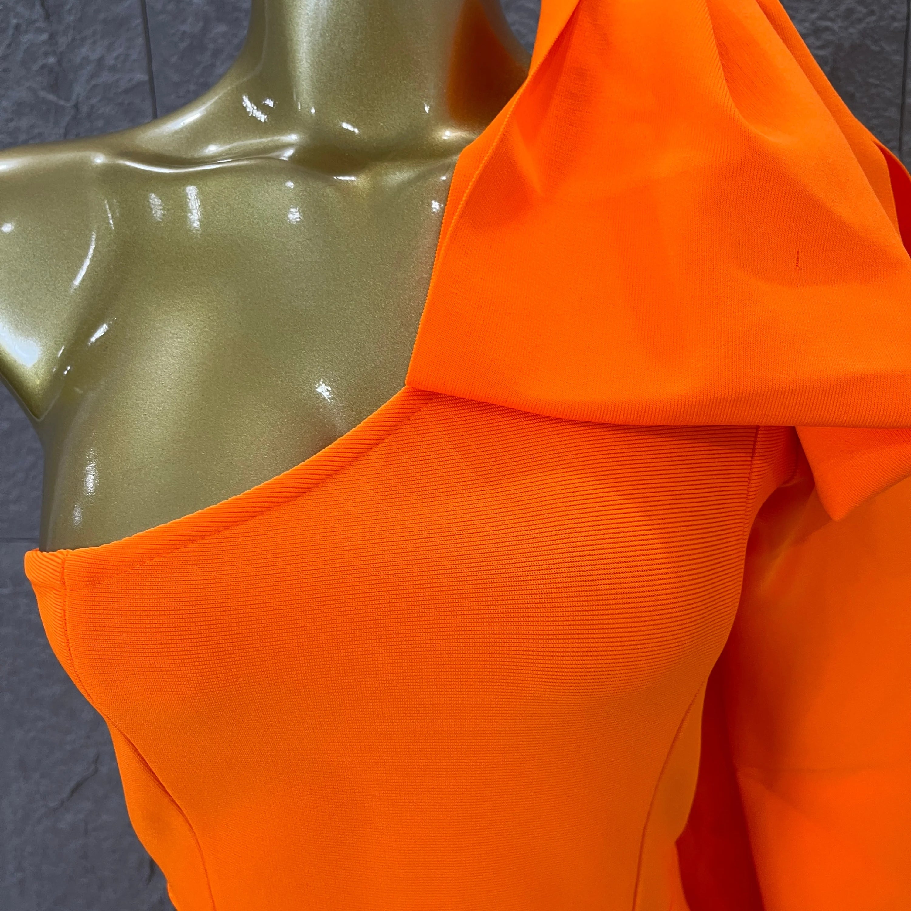 Vibrant Orange Single Sleeve Bow Shoulder Bandage Dress Slim Fit Midi Evening Birthday Nightclub Banquet Formal Dinner Outfit