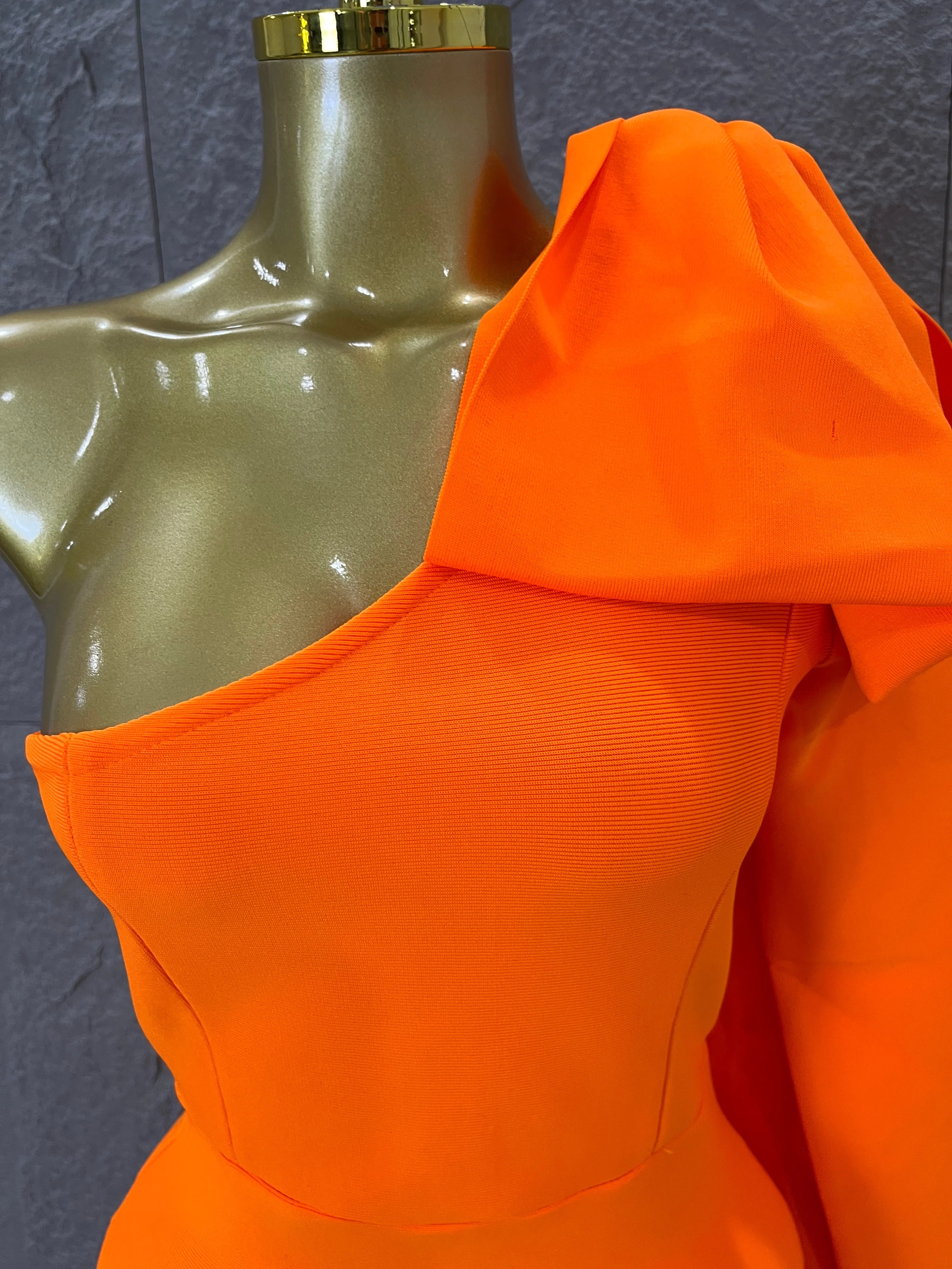 Vibrant Orange Single Sleeve Bow Shoulder Bandage Dress Slim Fit Midi Evening Birthday Nightclub Banquet Formal Dinner Outfit