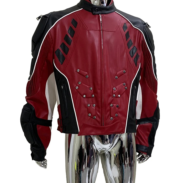 Mauroicardi Autumn Winter Cool Short Patchwork Pu Leather Racer Jacket Men Shoulder Pads Rivet Runway European Fashion Clothes Patchwork