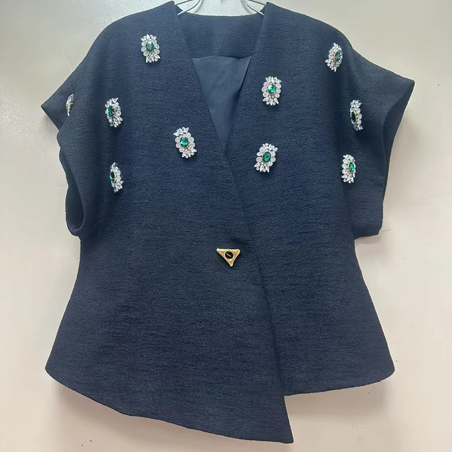 Solid Spliced Bead Luxurious Jackets for Women V Neck Short Sleeves Patchwork Button Elegant Jacket Femlae Fashion BLACK