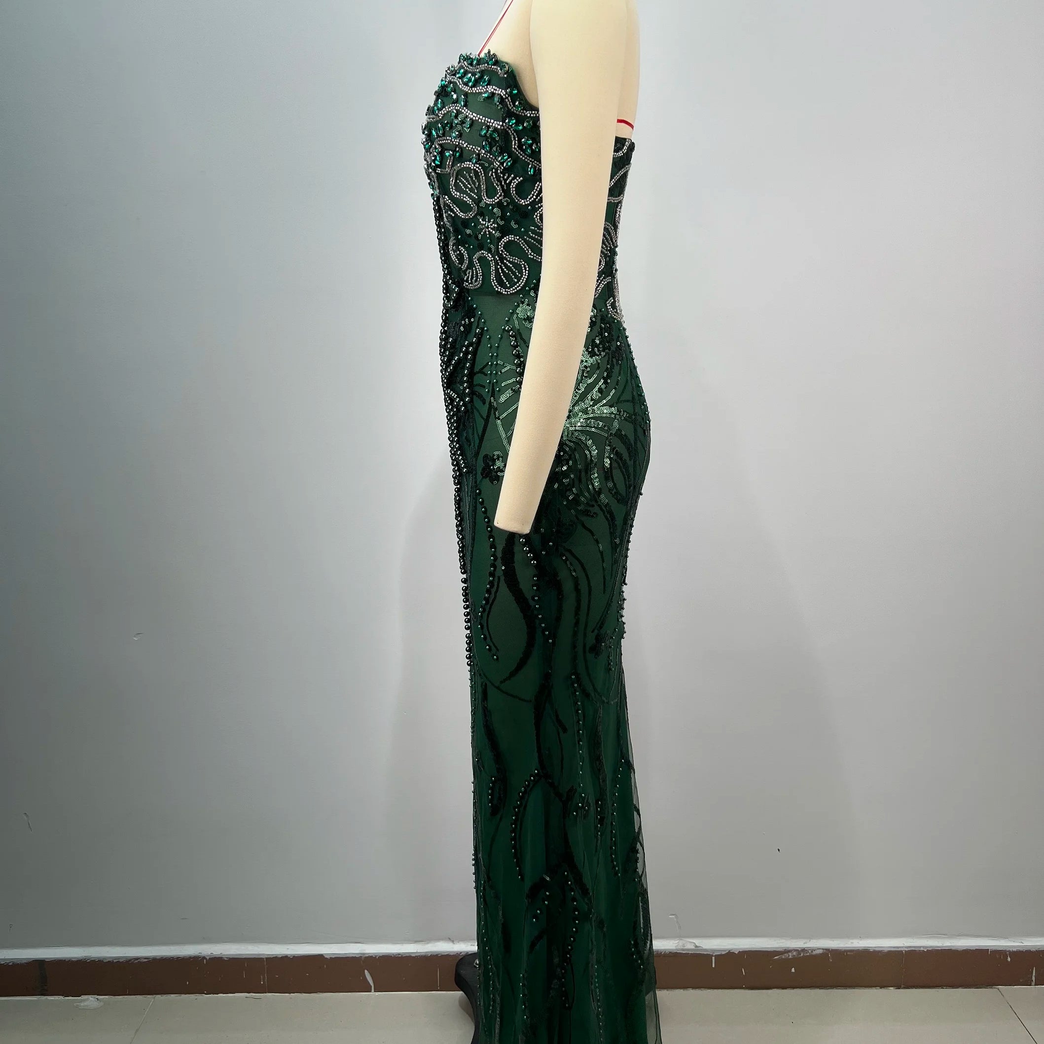 Dark Green Shining Sequin Neck Chain Strapless Ankle Length Dress Woman Cocktail Party Dress Celebrity Birthday Party Vestido