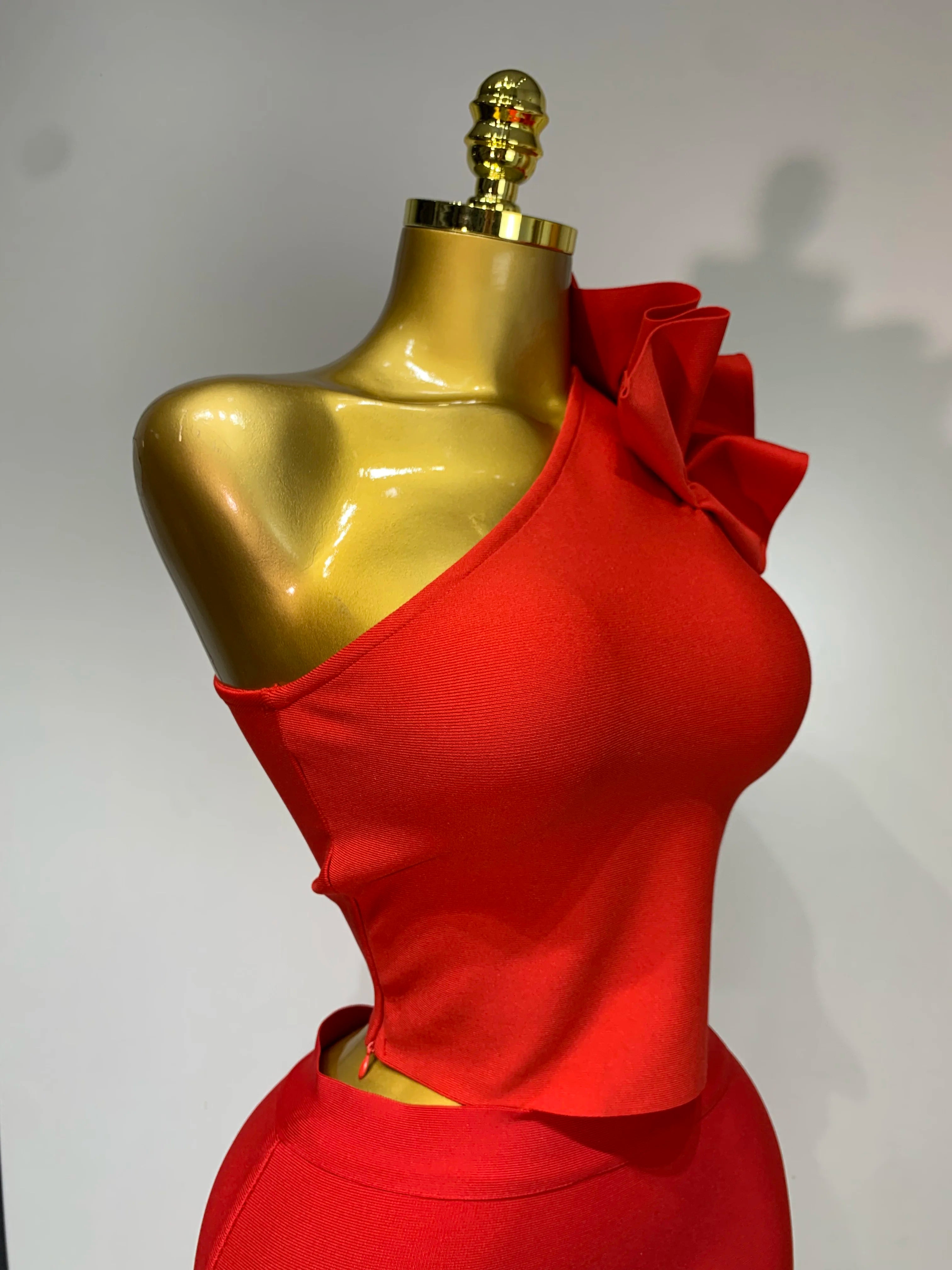 Women Sexy Sleeveless Ruffles One Shoulder Bandage Two Piece Set Fancy Club Evening Celebrity Elegant Party Bodycon Vestidos