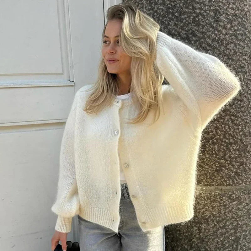 Vintage Leopard Print Mohair Women Cardigans Knitted O-neck Single Breasted Short Sweater Autumn Lady Casual Streetwear New White