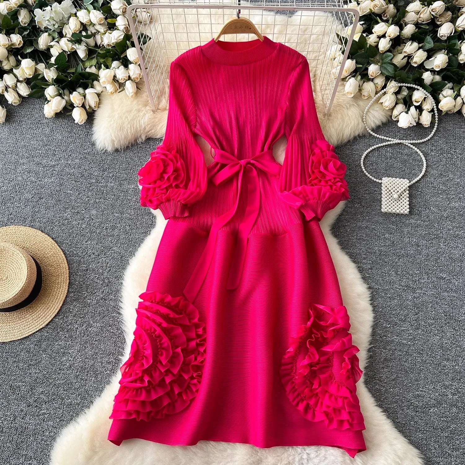 New Miyake High End Tied Up Oversize Pleated Long Robes Turtleneck Bubble Petal Sleeves High Waist Formal Dresses Women Clothing as picture 1 One Size