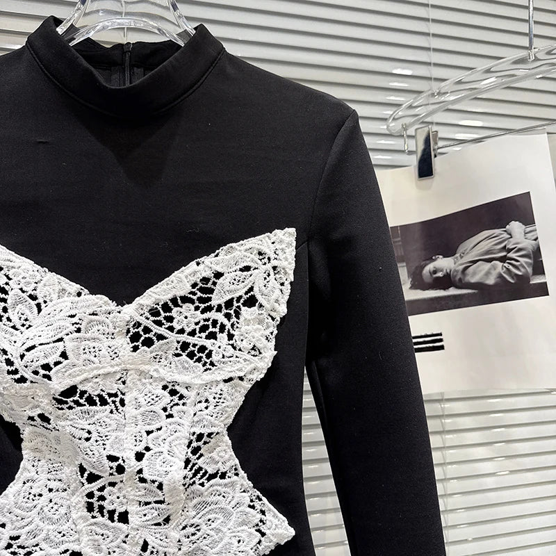 Winter New Fashionable Lace Patchwork High Neck Long Sleeve T-Shirt For Women Slim Fit Versatile Tops Female 11A07652