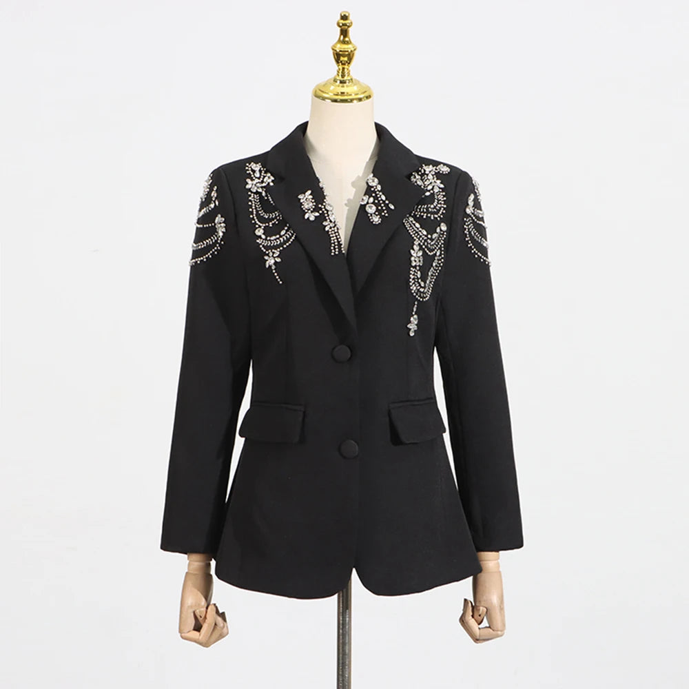 Solid Spliced Diamond Luxurious Jackets for Women Lapel Long Sleeve Patchwork Pocket Elegant Jacket Female Clothing BLACK