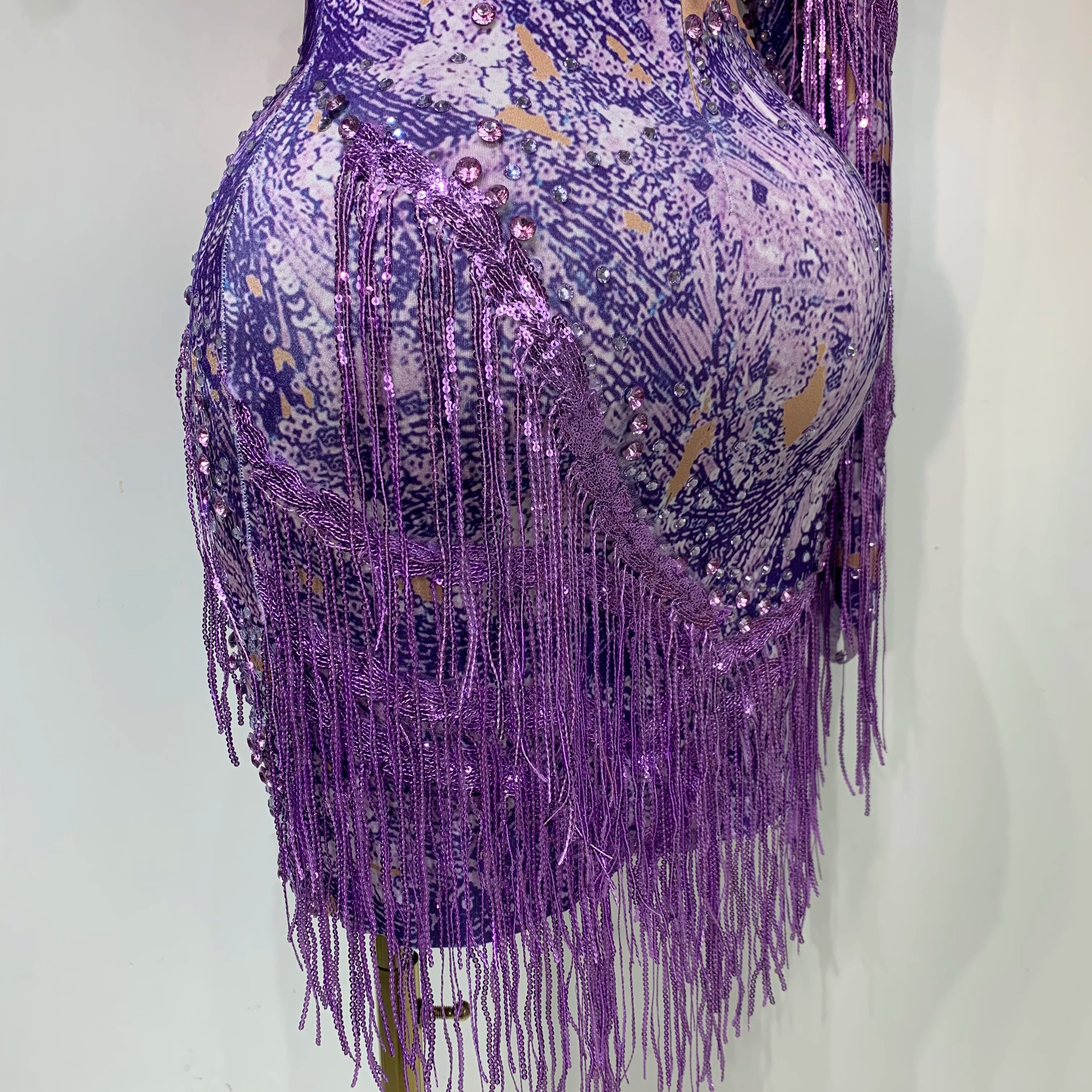 Sexy Sparkly Purple Rhinestones Tassel One Shoulder Sleeve Mini Dress Evening Party Birthday Nightclub Stage Performance Outfit