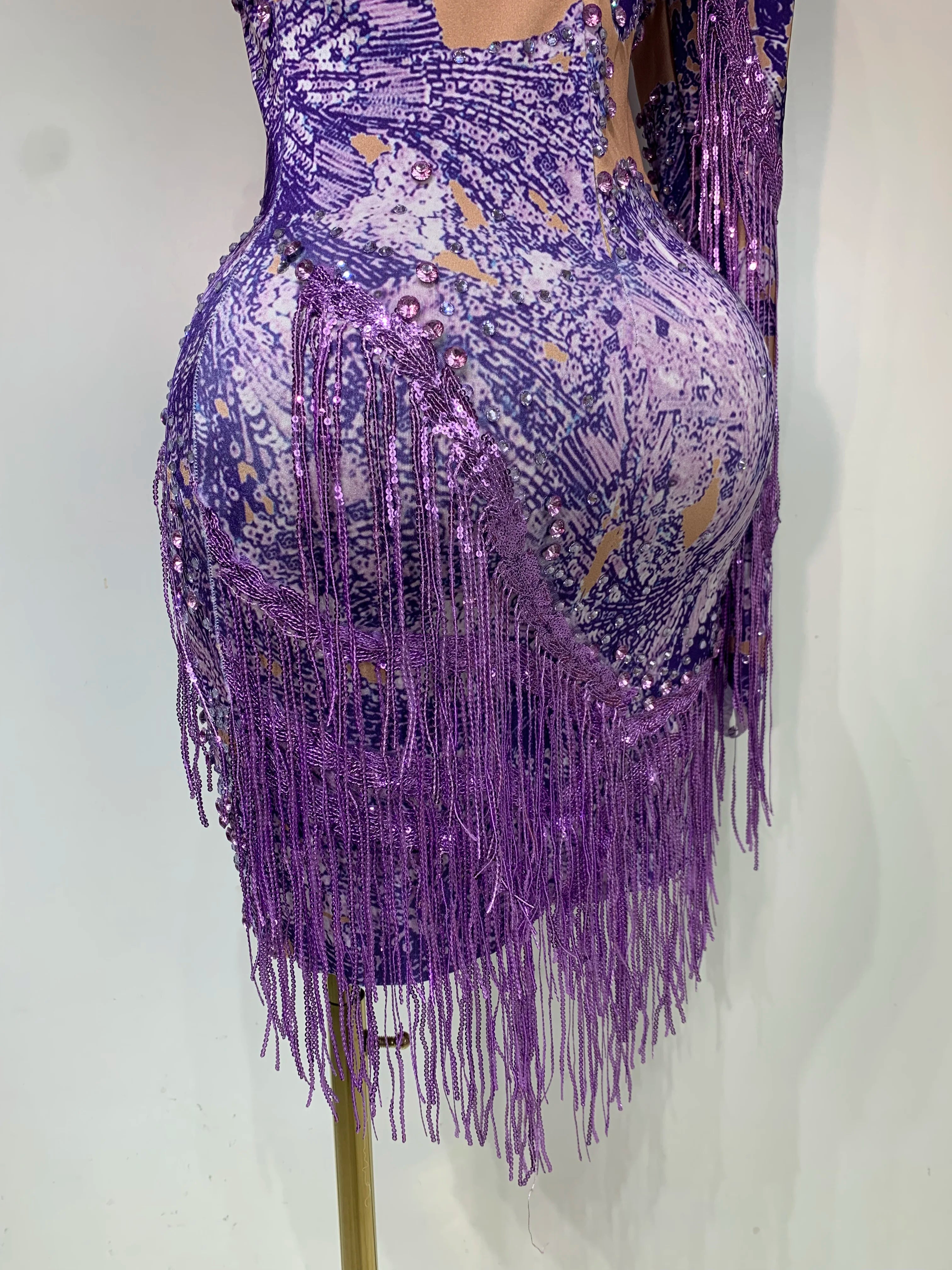 Sexy Sparkly Purple Rhinestones Tassel One Shoulder Sleeve Mini Dress Evening Party Birthday Nightclub Stage Performance Outfit