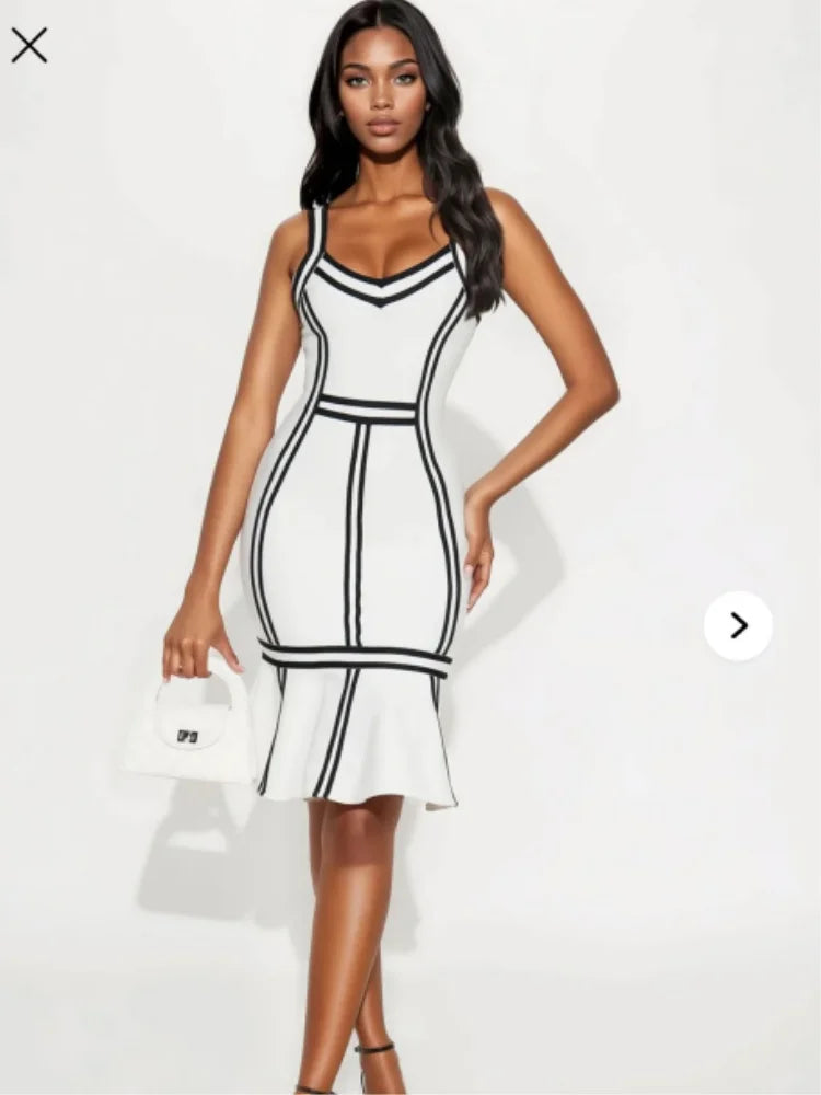 Women Sleeveless Sexy Square Collar Patchwork Bodycon Bandage Midi Dress Nightclub Party Celebrate Birthday Outfit WHITE