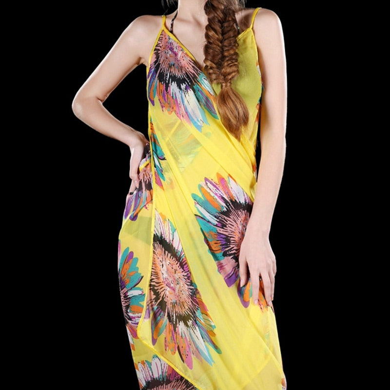 Printed Cover-ups Sexy Beach Dress Halter Sling Chiffon Beach Towel Bikini Wrap Pareo Skirts Open-Back Swimwear Yellow One Size