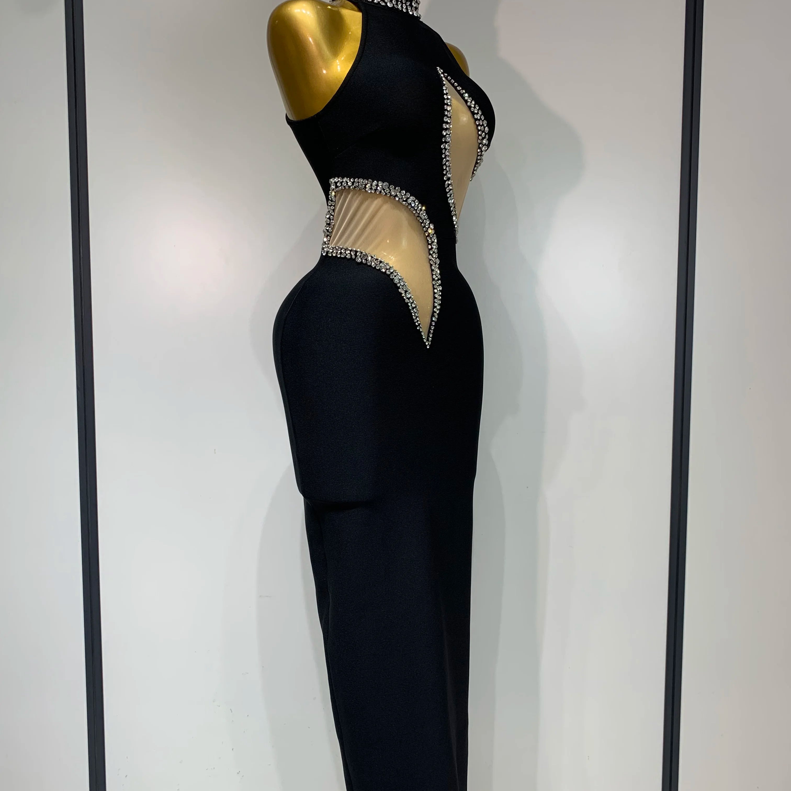 Women Sexy Rhinestone Black Sleeveless Mesh Patchwork Stretch Bodycon Bandage Party Dresses Elegant Birthday Dress