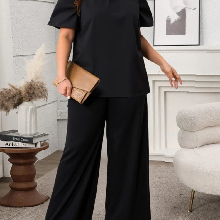 Plus Size Summer 2 Two Piece Set Women Pleated Short Sleeve Modis Casual Ladies Blouses Loose Wide Leg Elastic Waist Woman Pant