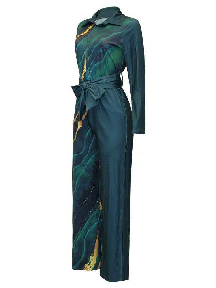 Print Jumpsuit Women Autumn and Spring 2024 New Fashion Long Sleeve Lapel Loose Casual Elegance Green Jumpsuits