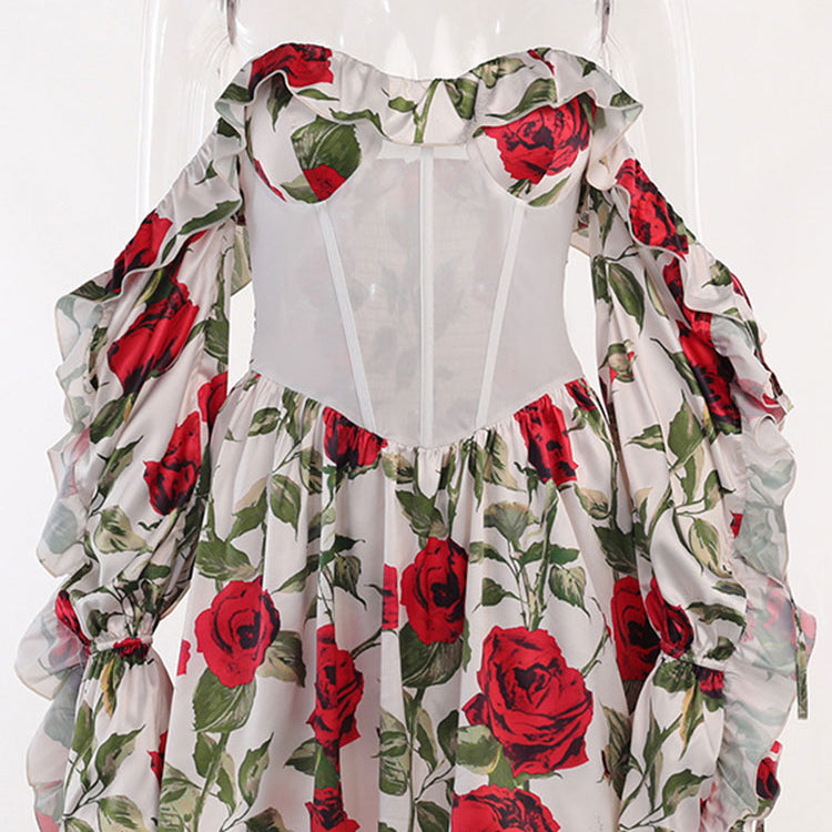 Red Printed Sexy Perspective Show Waist Lace Long Sleeve Mini Dress For Women Summer Beach Dresses Vestidos