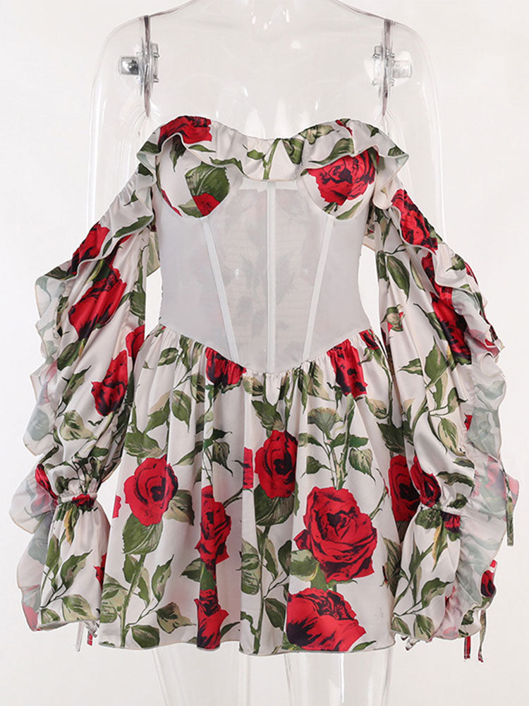 Red Printed Sexy Perspective Show Waist Lace Long Sleeve Mini Dress For Women Summer Beach Dresses Vestidos