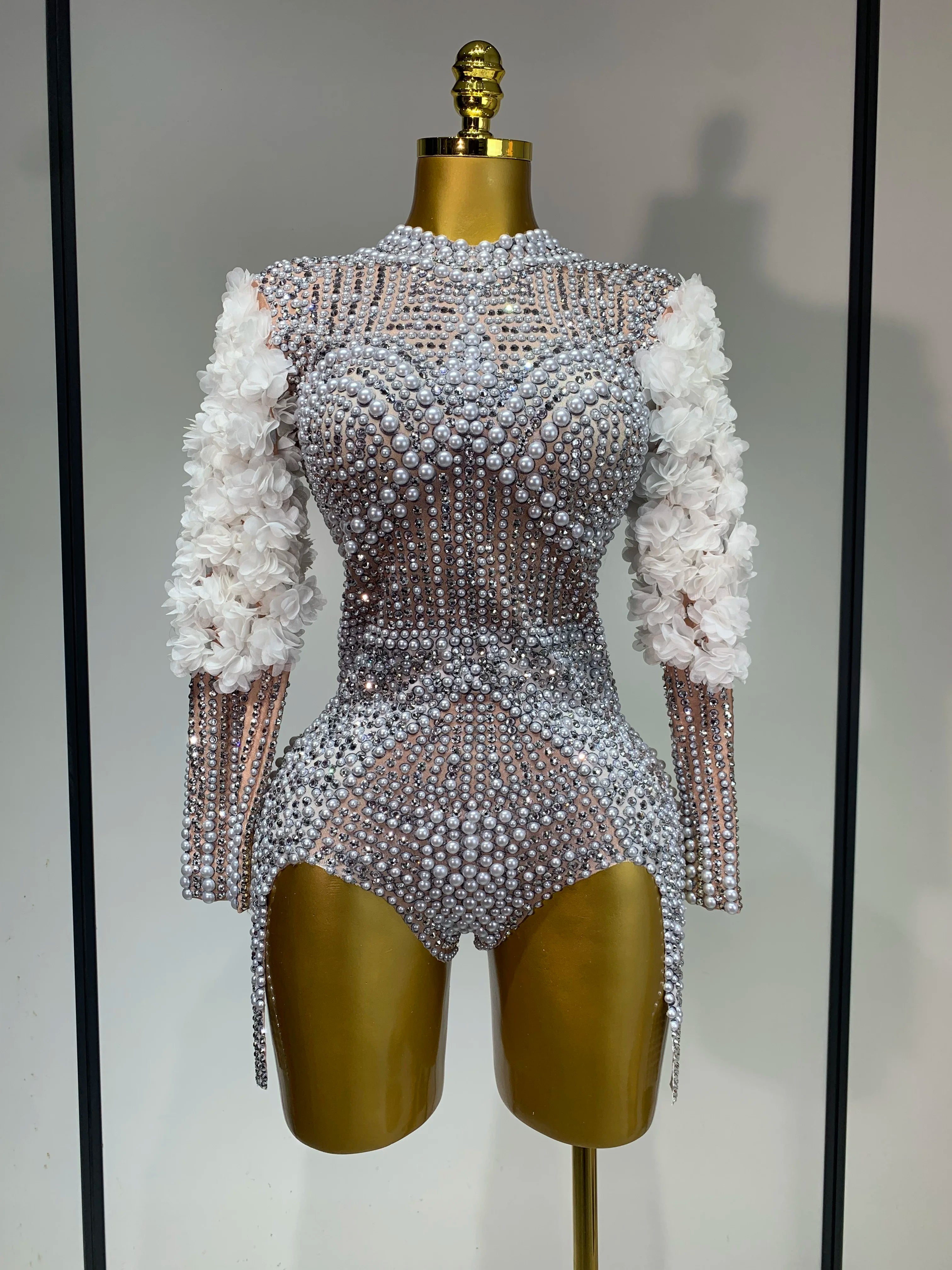 Sparkly Luxury Sheath Bodysuit Women Sexy Pearls Rhinestone Flowers Stage Singer Outfit Nightclub Performance Dance Costume