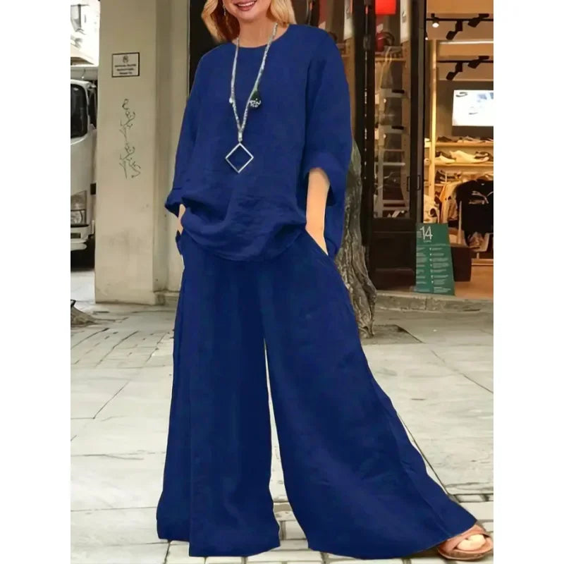 Plus Size New Women's Summer Fashion Linen Solid Color Shirt Set Long Sleeve Loose T-shirt Wide Leg Pants Casual Two-piece Set Blue