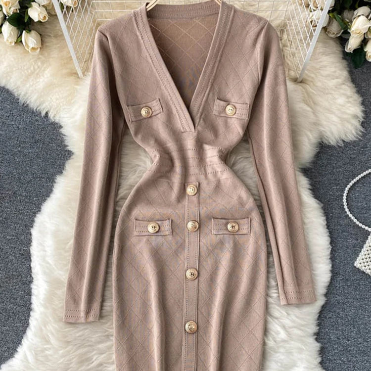 Women Knitted Pencil Dress Korean Long Sleeve V Neck Elastic Slim Dress Autumn Winter Sexy Bodycon Warm Sweater Dress