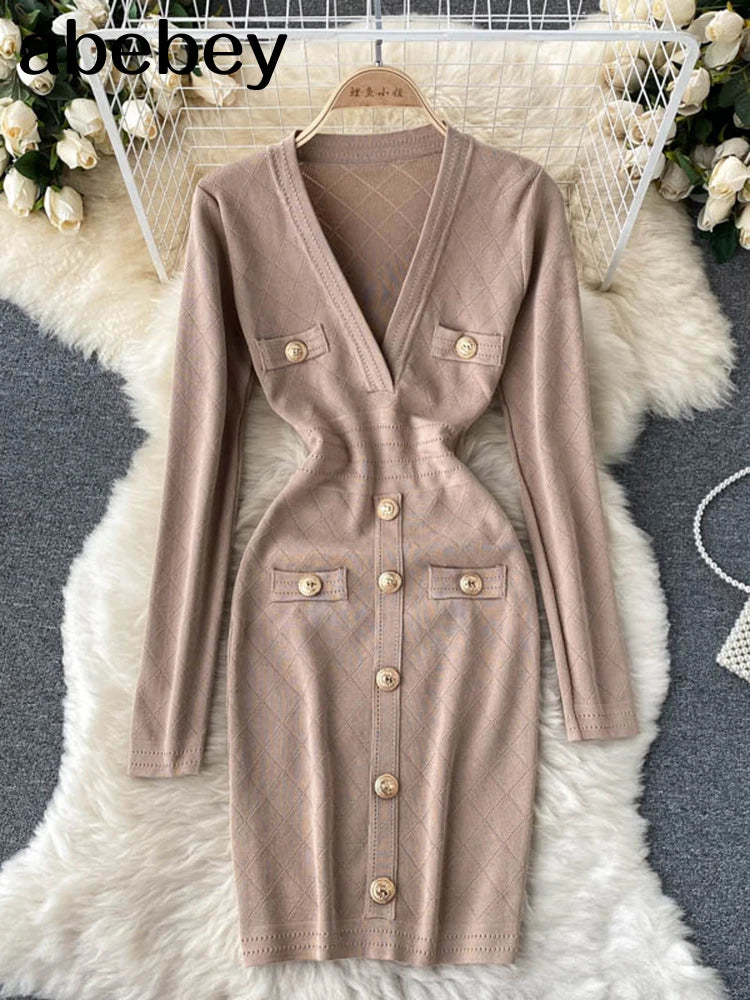 Women Knitted Pencil Dress Korean Long Sleeve V Neck Elastic Slim Dress Autumn Winter Sexy Bodycon Warm Sweater Dress