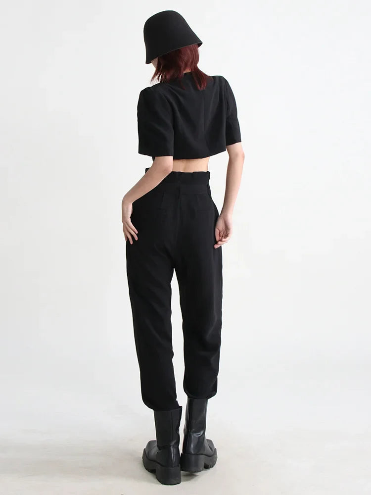 VGH Slim Two Piece Sets For Women V Neck Short Sleeve Crop Tops High Waist Spliceed Belt Wide Leg Pants Casual Set Female 2023