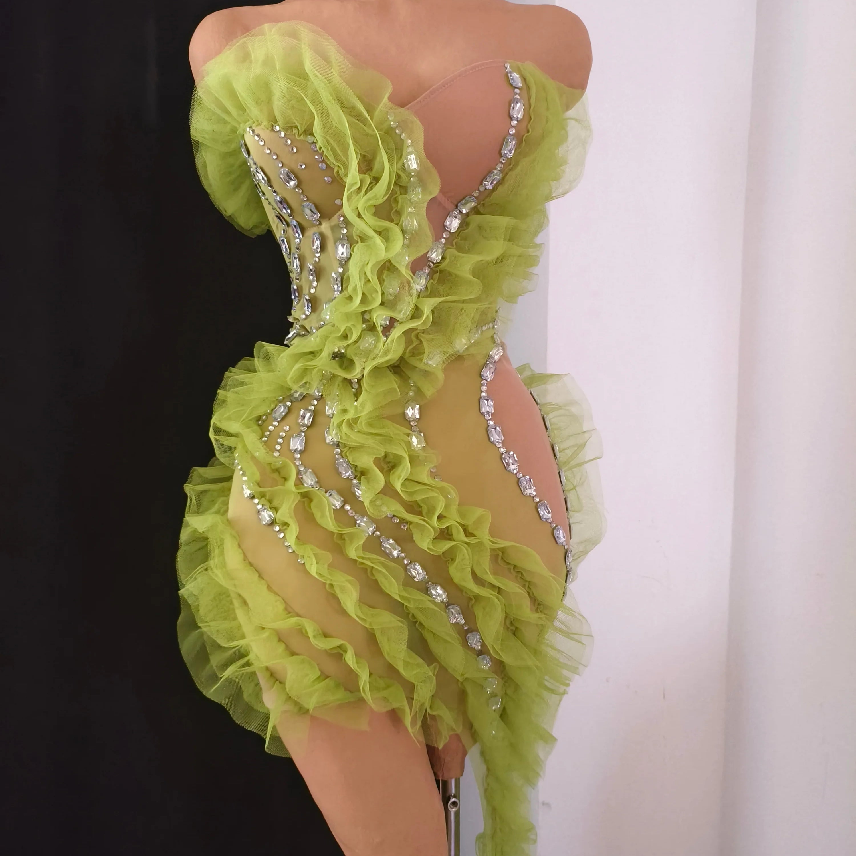 Sparkly Green Sheer Mesh Flowy Ruffle Crystal Rhinestone Dress Slim-fit Nightclub Party Stage Performance Clubwear Outfit
