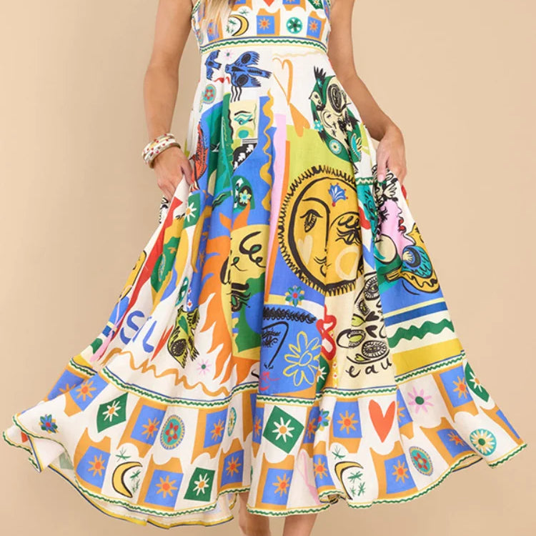 Elegant Printed Sleeveless Swing Dress Women's High Waist Suspender Backless Sexy Women's Summer Beach Vacation Robe