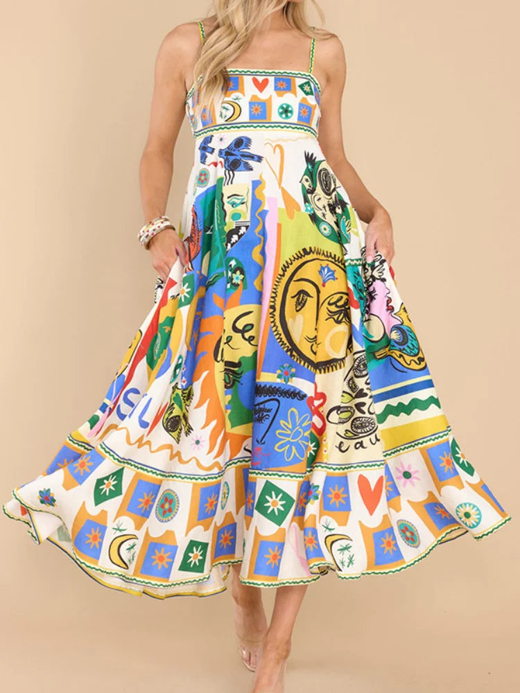 Elegant Printed Sleeveless Swing Dress Women's High Waist Suspender Backless Sexy Women's Summer Beach Vacation Robe