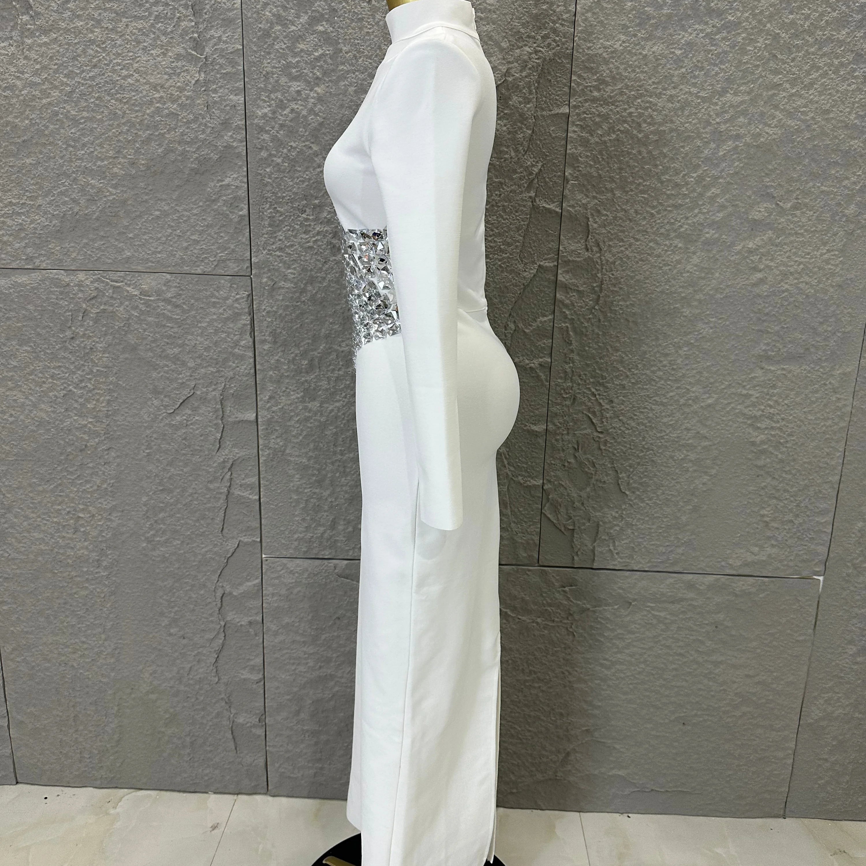 2026 White High Neck Maxi Dress Women Sexy Long Sleeve Full Crystal Waist Embellished Form-Fitting Outfit Cocktail Party Costume