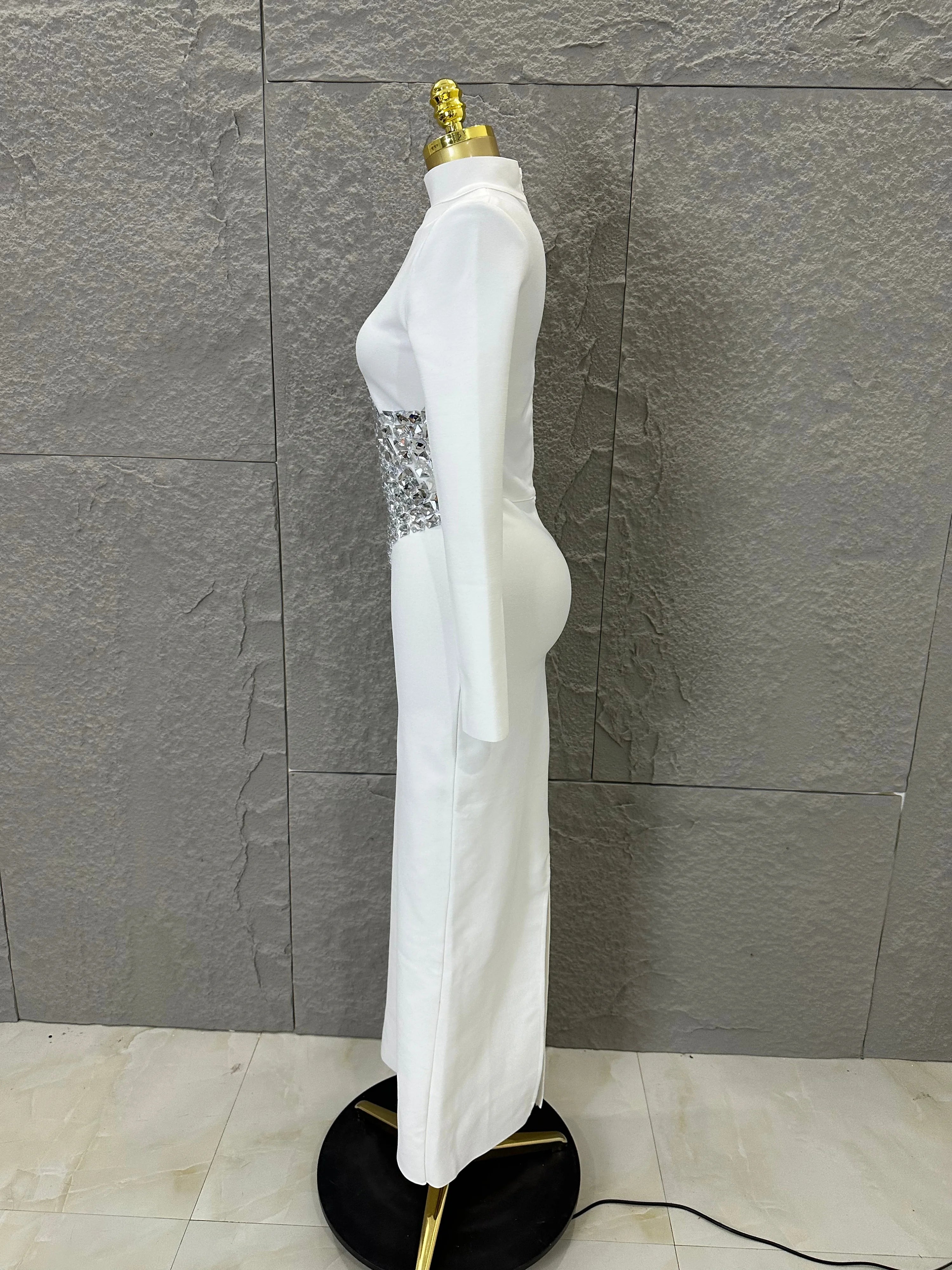 2026 White High Neck Maxi Dress Women Sexy Long Sleeve Full Crystal Waist Embellished Form-Fitting Outfit Cocktail Party Costume