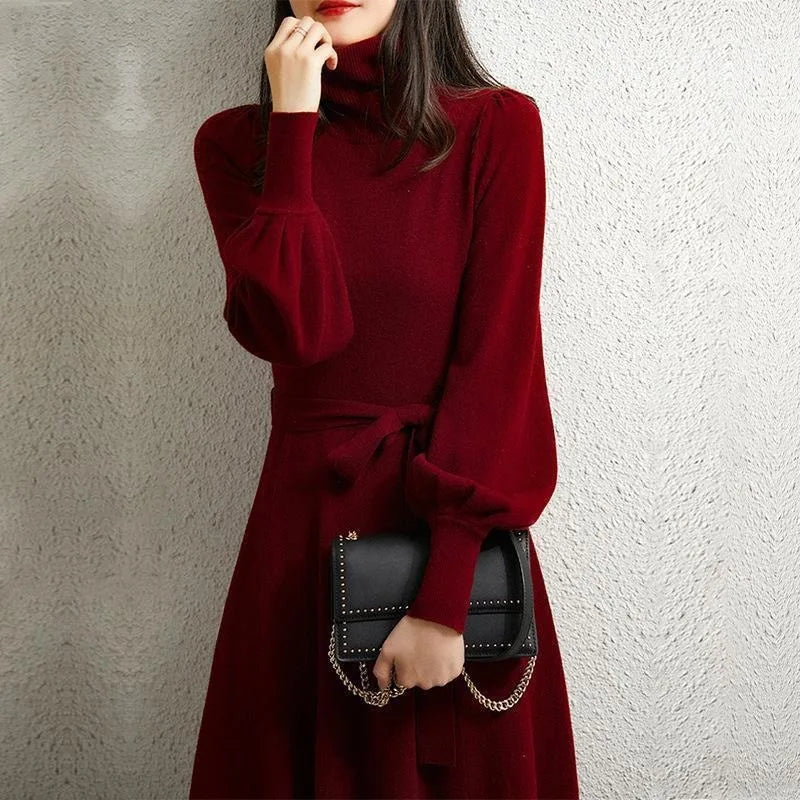 Dress Women's Autumn and Winter Knitted Thickened High Neck Long Sleeve Solid Color with Coat Medium Long Warm Fashion Elegant Red