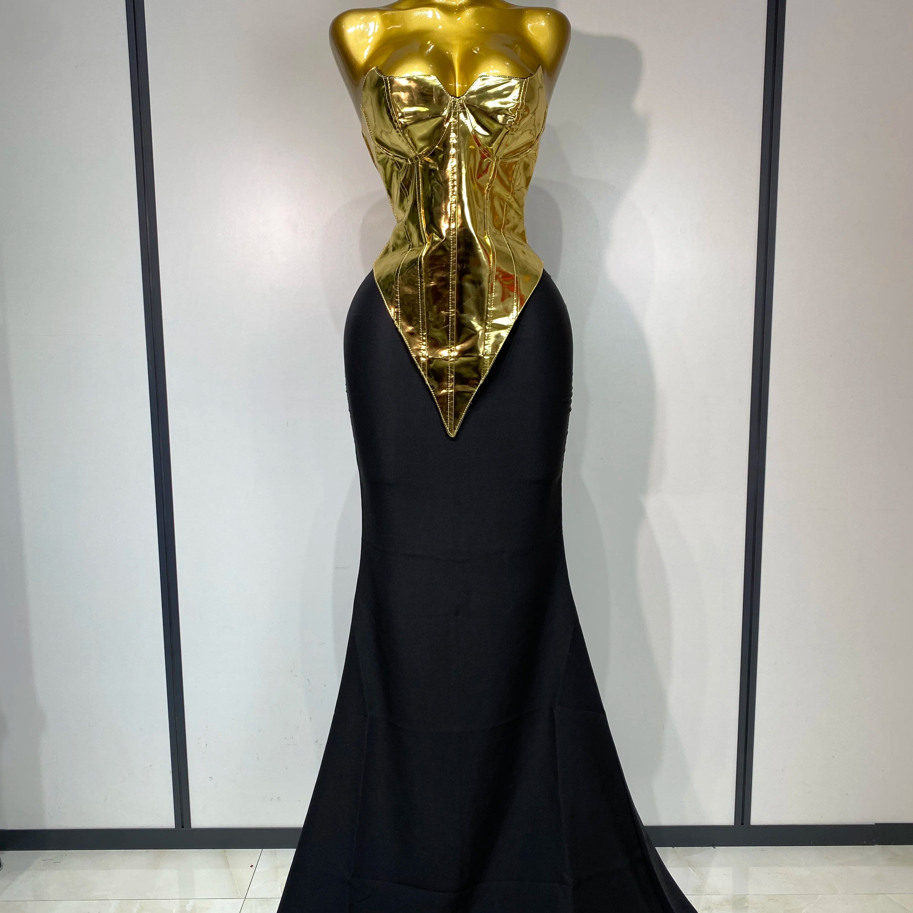 Women Sexy Strapless Gold Two Piece Set Celebrity Elegant Evening Party Maxi Skirt Suit Luxury Birthday Club Gown Gold